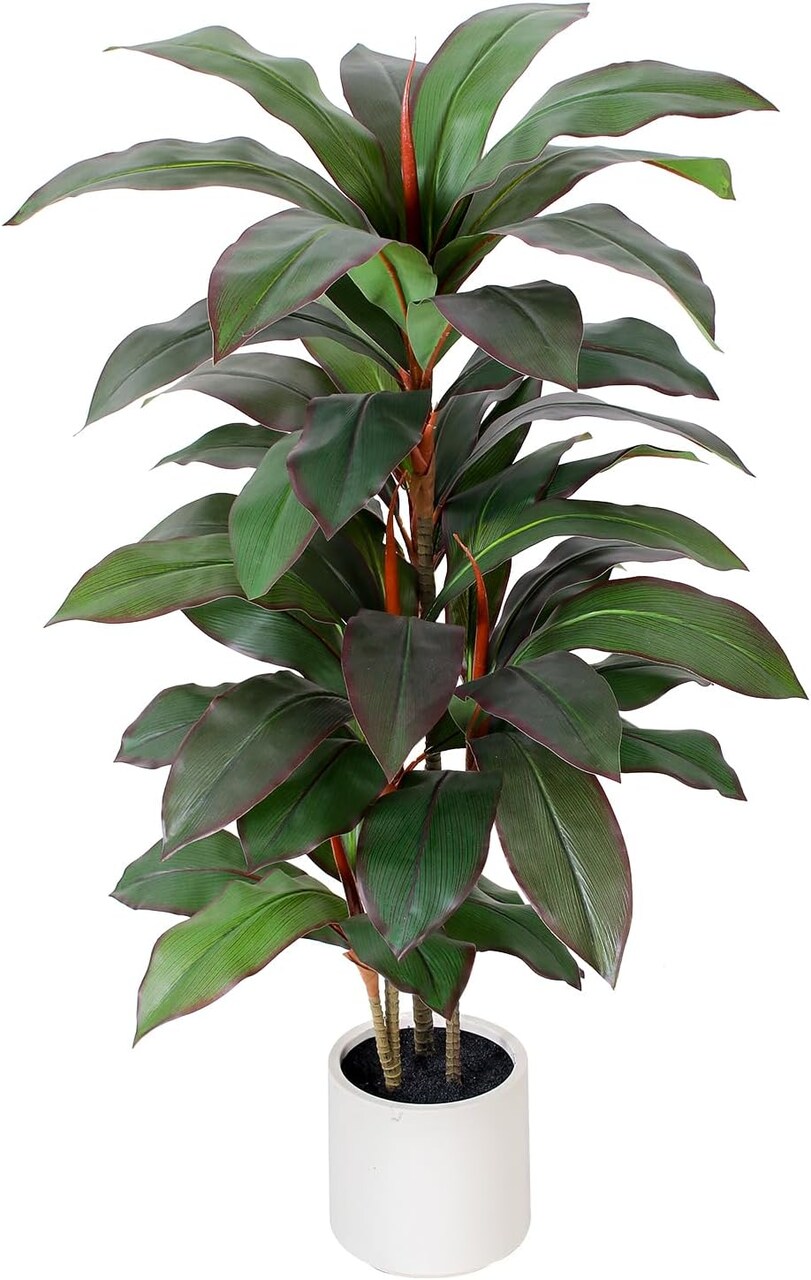 4 ft artificial dracaena plant with white planter, featuring a realistic faux yucca style design, ideal as a silk floor plant for indoor or outdoor use, perfect for home and office décor and a great housewarming gift